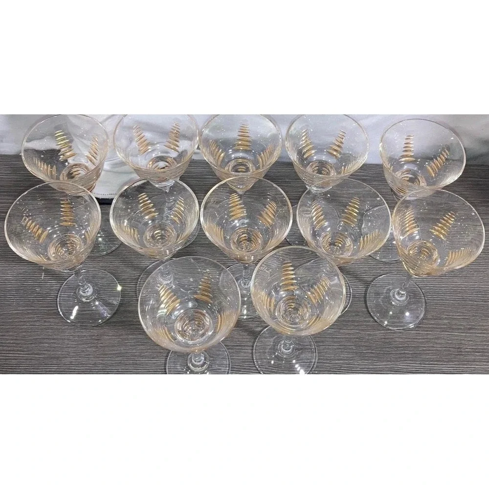 Vintage Gold Decorated Cordial Glasses Set of 12 Optic Spiral Stem‎ Cocktail Bar